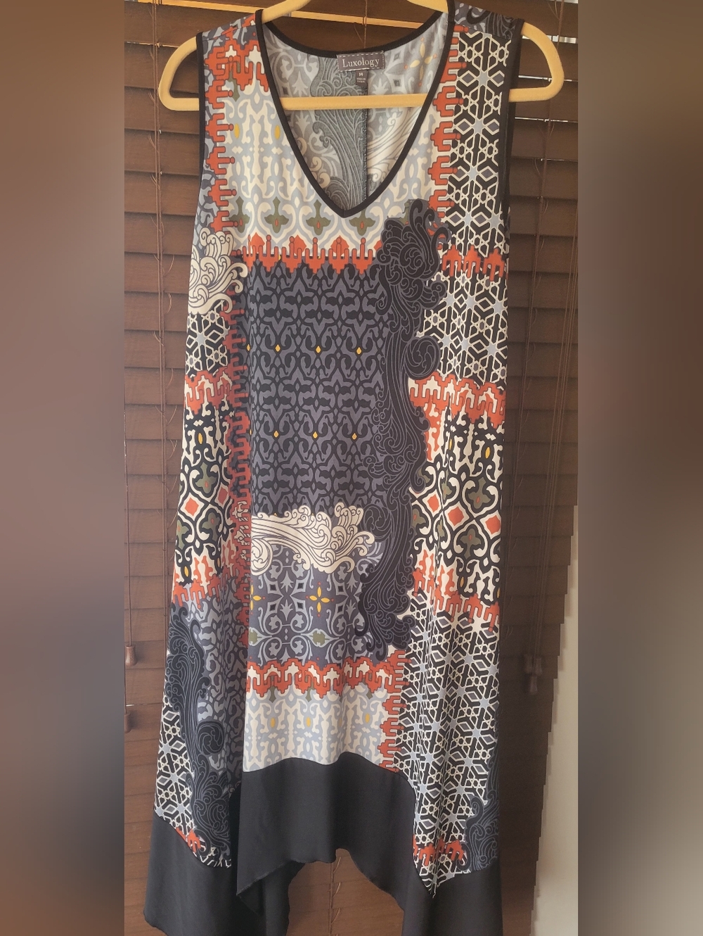 Luxology Multicolored Patterned V-Neck Handkerchief Bottom Midi Dress.